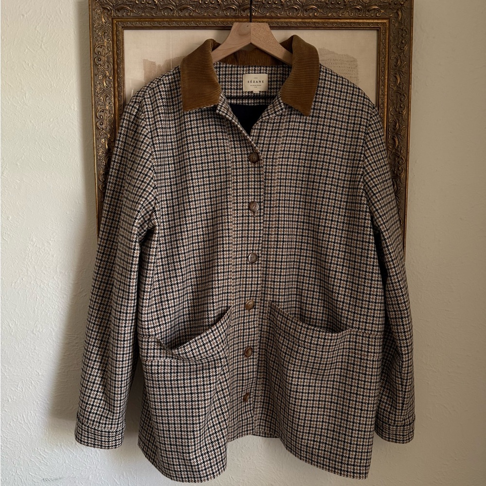 Sezane Will Jacket Navy Ochre Houndstooth